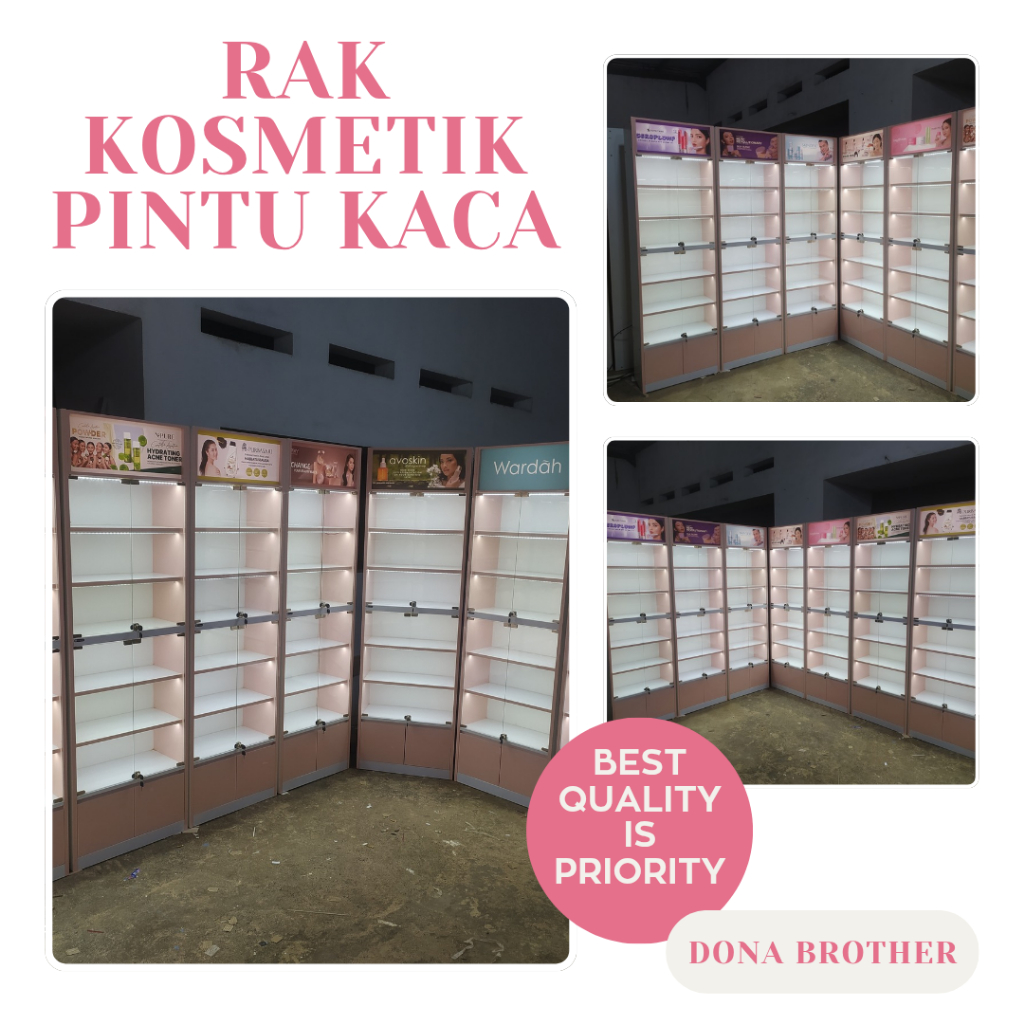 Rak display toko kosmetik pintu kaca, rak jualan kosmetik