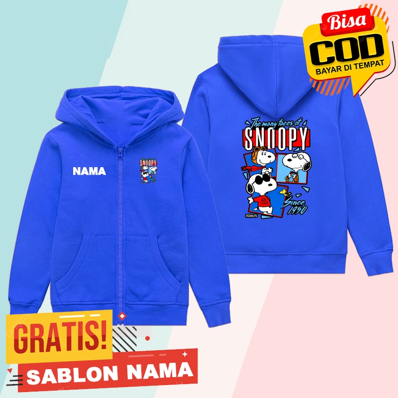 Jaket Hoodie Zipper Anak Snoopy / Jaket Sleting Anak Laki Laki & Perempuan Custom Nama Snoopy