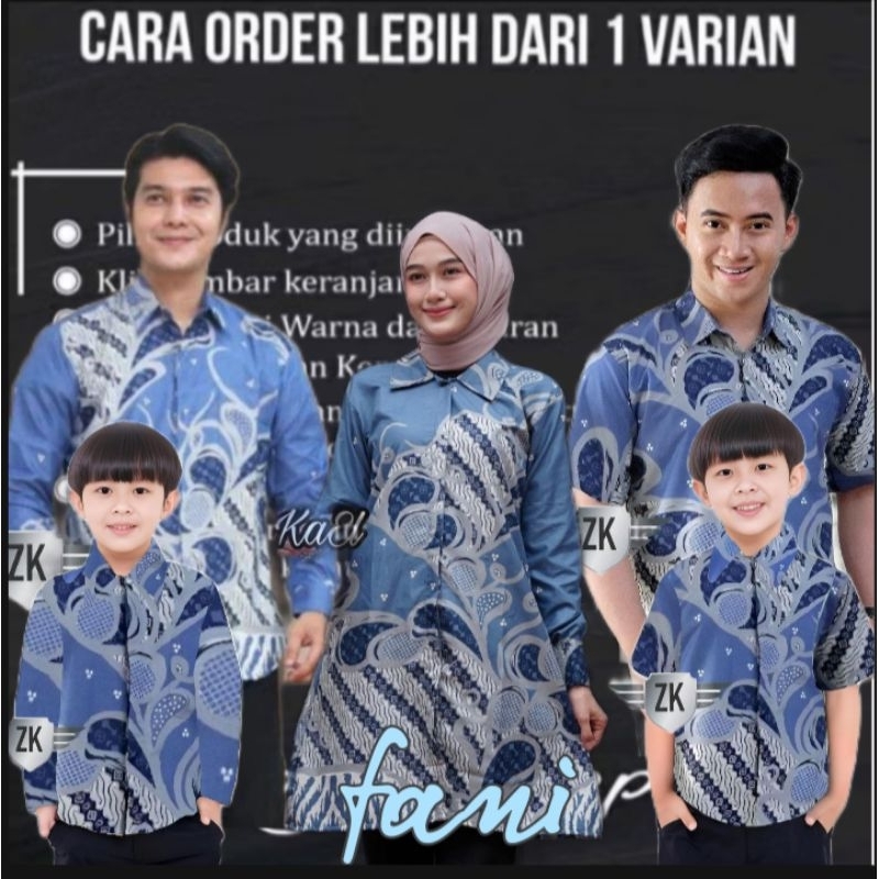 BAJU BATIK COUPLE KELUARGA AYAH IBU DAN ANAK LAKI-LAKI MOTIF MULYO WARNA BIRU