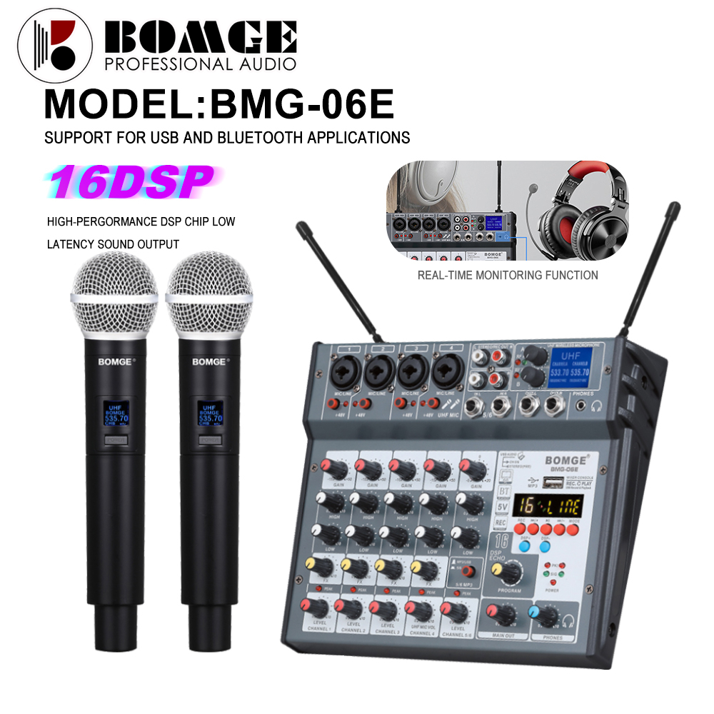 BOMGE 6 Channel Audio Mixer Papan Kontrol DJ dengan 2 Mikrofon Nirkabel UHF, MP3, USB Bluetooth, 48V