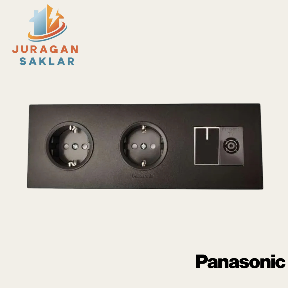 PANASONIC STOPKONTAK 2 GANG + SAKLAR TUNGGAL + OUTLET TV SOCKET HITAM BLACK