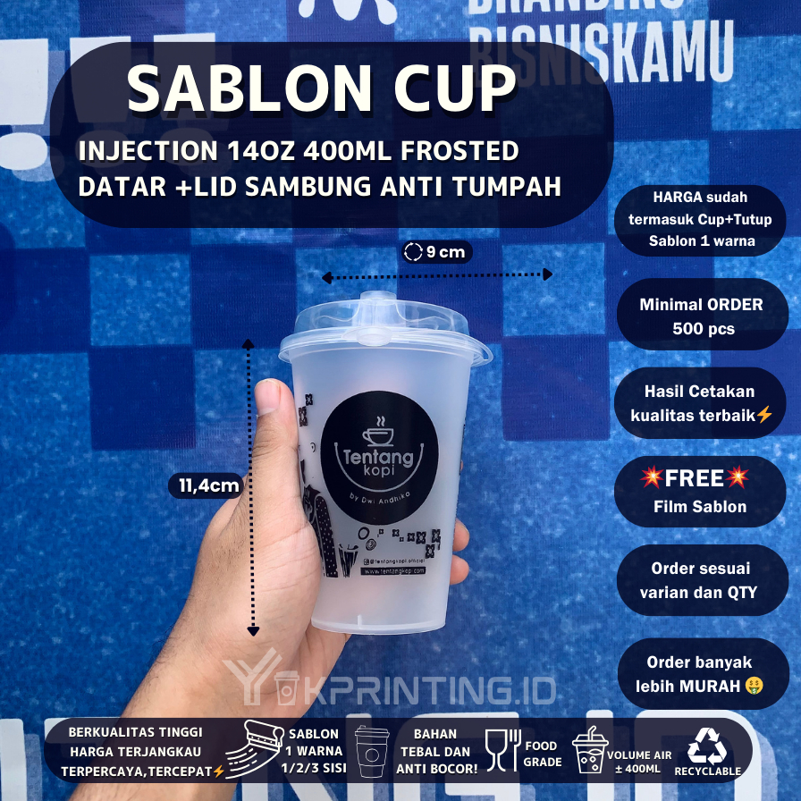 Sablon cup Injection 400ml 14 oz Custom Cup/Gelas Injection Tebal Anti tumpah 1 Warna