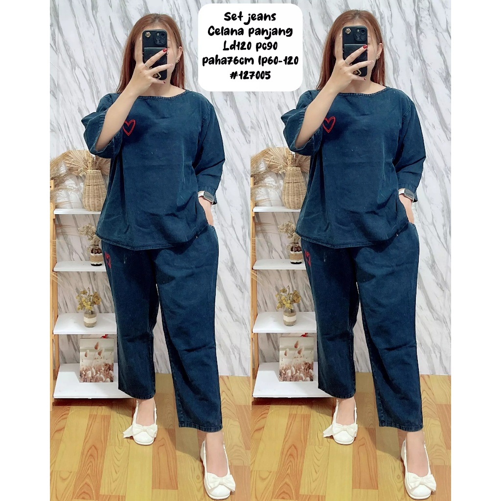 Setelan Jeans Celana Panjang / Oneset Jeans Wanita Jumbo