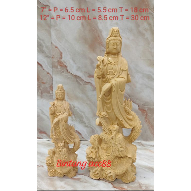 patung dewi kwan im / kwan in / guan yin - naga - kayu