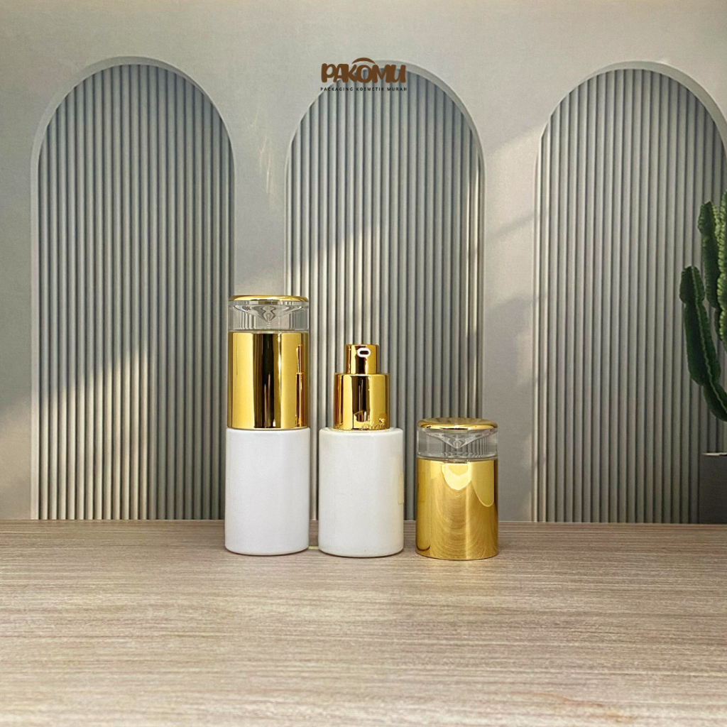Botol Kaca Premium Gold - White Botol Kaca Pump 30ml/ BOTOL REFILL KACA LOTION PUMP 30ML GOLD WHITE