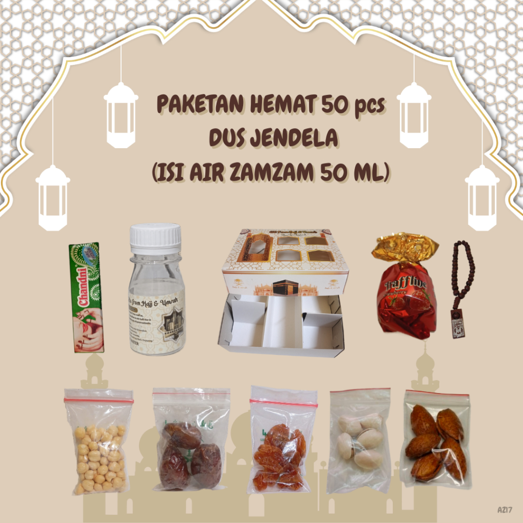 

50 pcs paketan hemat jendela untuk oleh oleh haji dan (umroh isi air zamzam 50 ml)