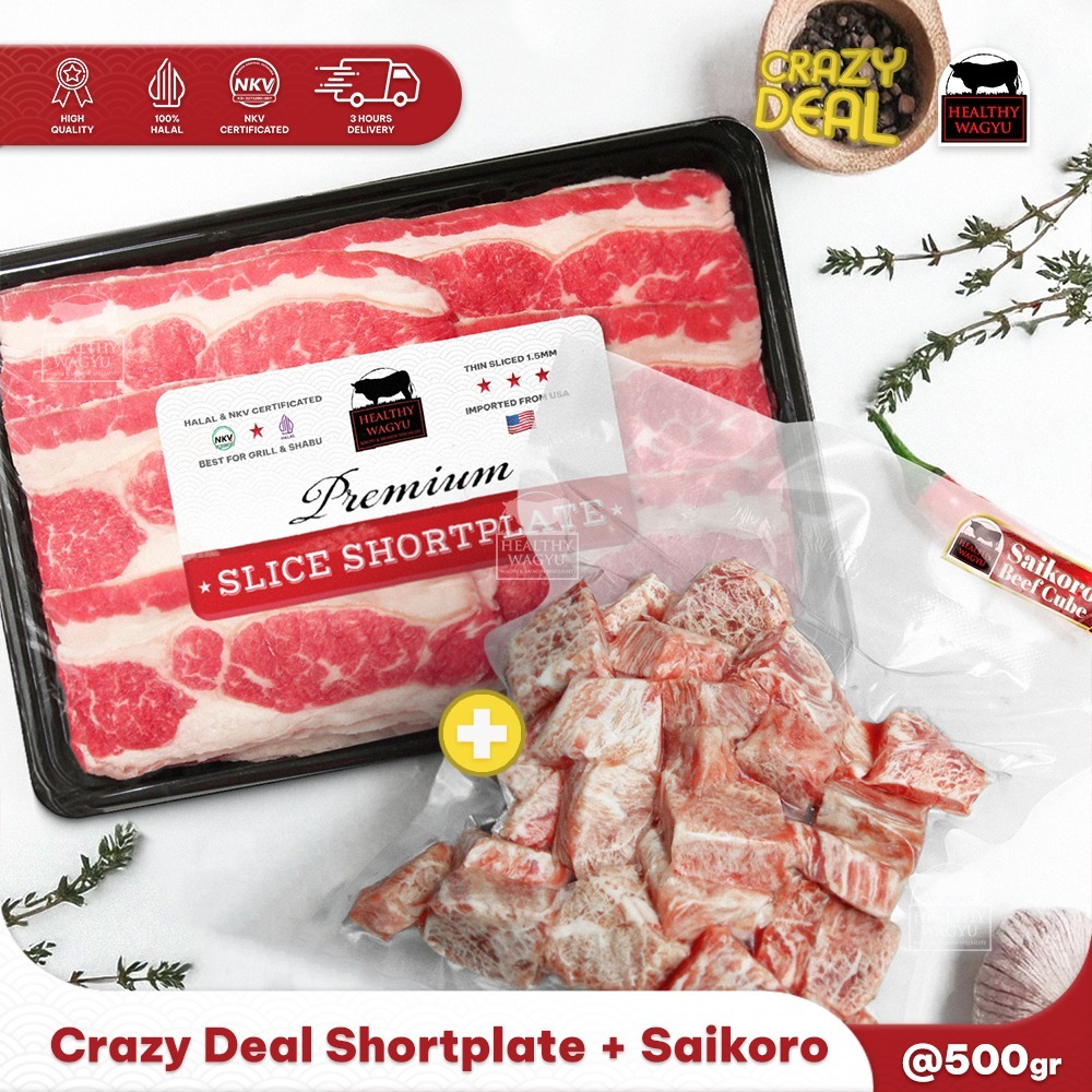 

Bundling US Shortplate Slice 500gr & Saikoro Beef Cube 2x2cm 500gr Healthy Wagyu