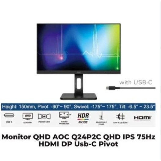 Monitor AOC Q24P2C IPS 75Hz 4Ms / AOC Q24P2C/70 Ergonimic IPS Monitor with USB-C