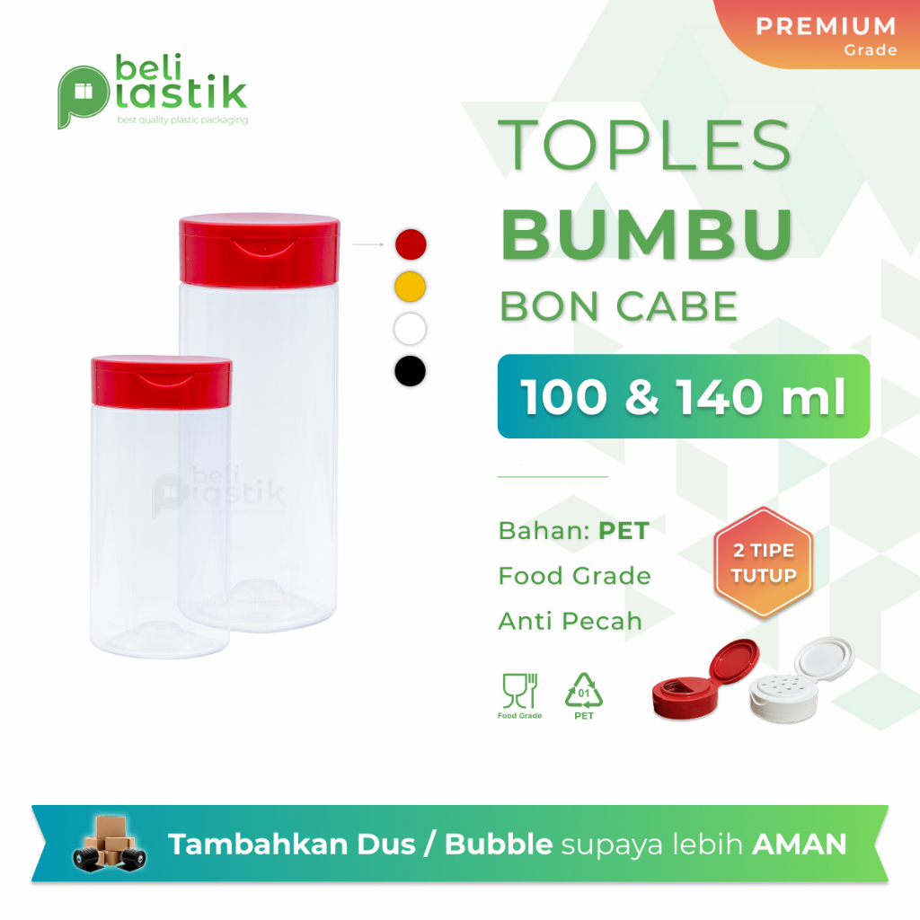 Toples BonCabe 140 ml Botol Bumbu Dapur Lada Kormik Plastik Bulat Lubang Besar Kecil Tabur 140ml