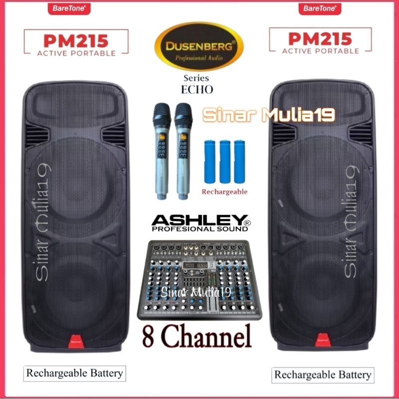 Paket Sound System Speaker Double 15 Inch BareTone PM215 [ Bisa Charger ] Mixer Ashley SMR 8 Mic Wir