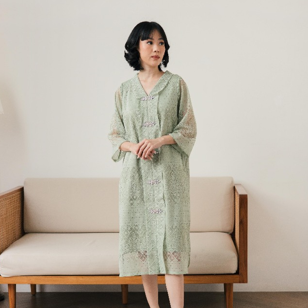 LELILOU - Terusan Wanita Zara Dress in Sage Green and White fit to L