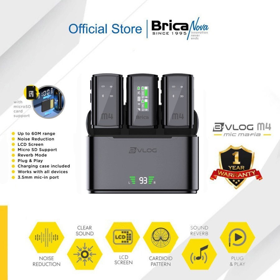 Brica B-VLOG M4 Dual Wireless Microphone - Clip On Mic Vlog - With Charging Case - BVLOG - Mic Wirel
