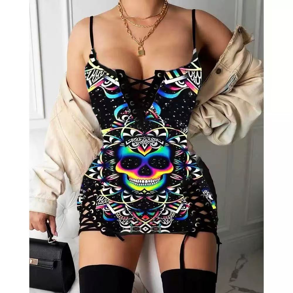 Skull Gothic Style Dress Women's Bodycon Dress Lace Up Spaghetti Strap Sleeveless Mini Dress Sex