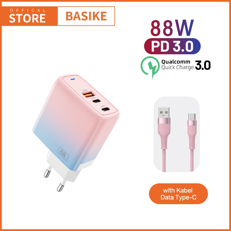 (HOT)BASIKE 3 in 1 Gan Charger iPhone Fast Charging 88W Type C USB Adaptor Mini murah Original