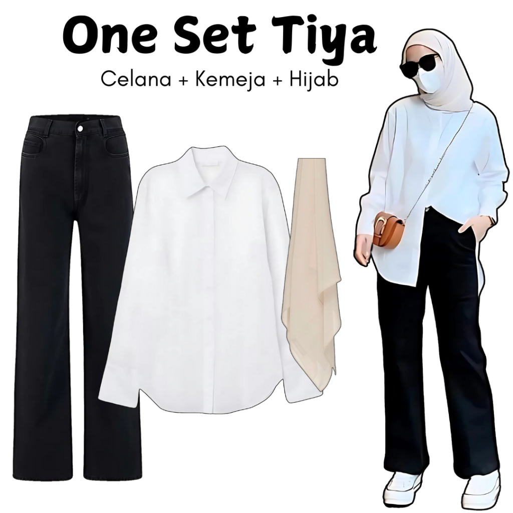 One Set 3in1 Kemeja Putih Celana Jeans Hitam Hijab Bella Soft Latte | outfit wanita kantor SK184