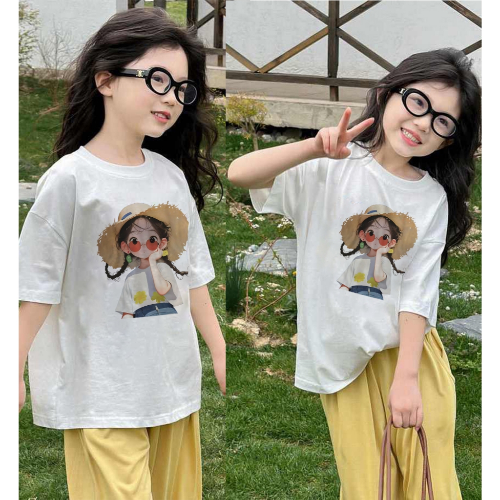 Kaos anak|cewek 10 tahun import|2-12 Tahun|kaos gadis kecil memakai topi jerami|Cetakan gaya Korea|k