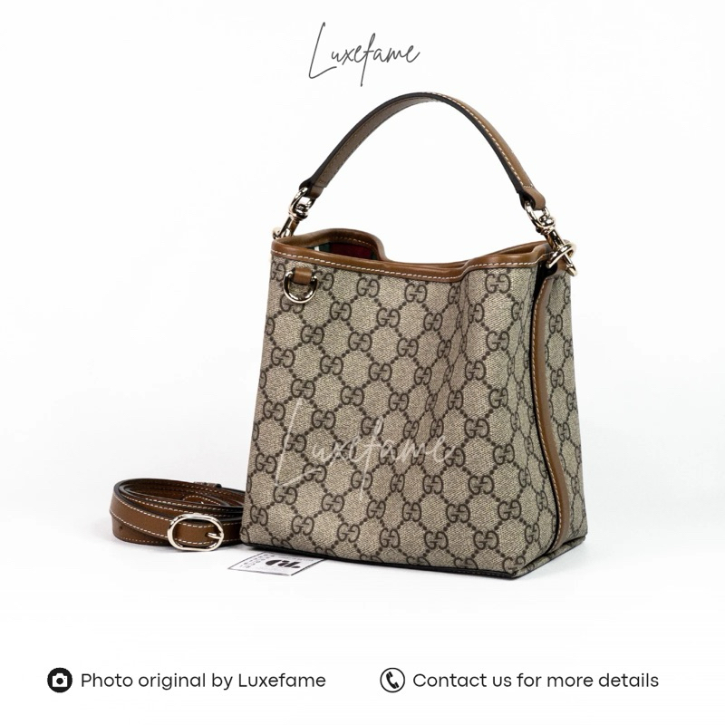 GG Emblem Mini Bucket Bag GG Monogram Coated Fabric Leather Beige & Dark Brown GHW