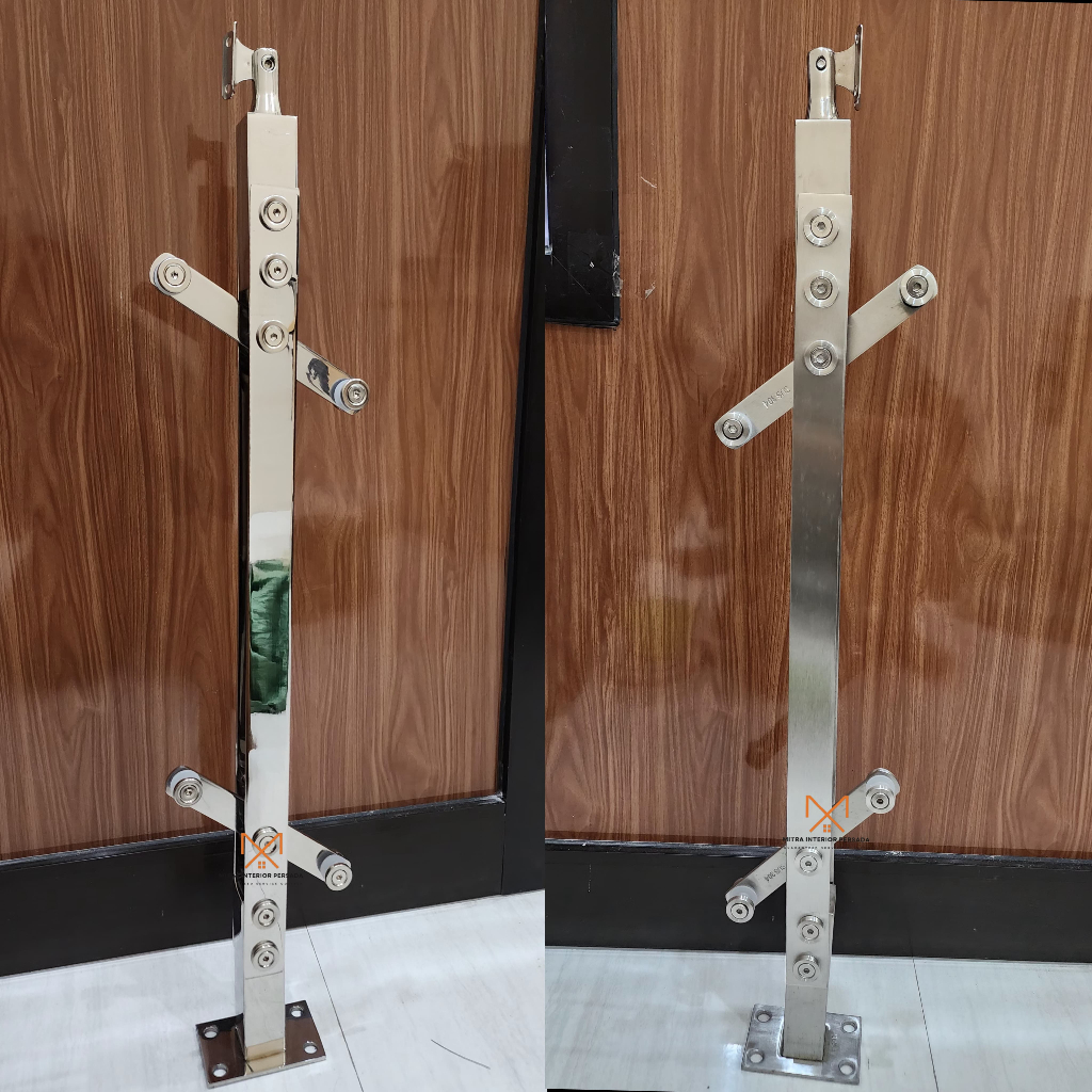MIP 821 Tiang railing tangga kaca double plat lurus Stainless Steel 201 dan Ss 304