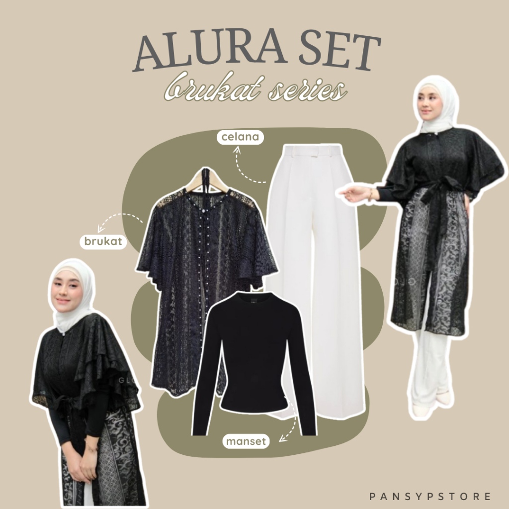 Alura Set Lebaran Outer Brukat Lengan Ruffle Celana Kulot Manset One Set Trendy Cardigan Kebaya Kond