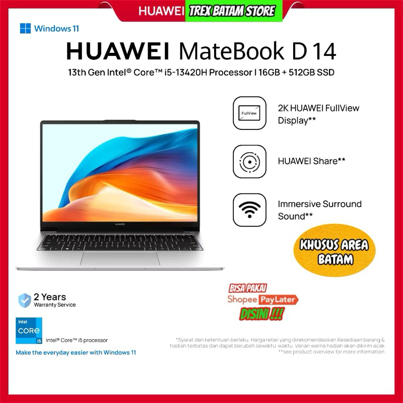 LAPTOP HUAWEI MATEBOOK D14 GEN 13 CORE I5 16/512 GB GARANSI RESMI [ BATAM ]