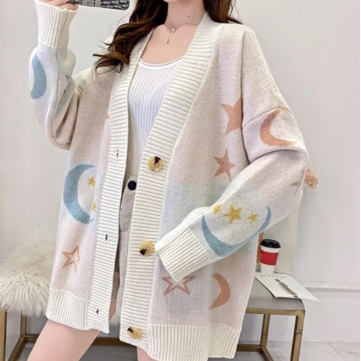 Pink white star moon knit sweater cardigan korean style // outer luaran rajut warna merah muda putih
