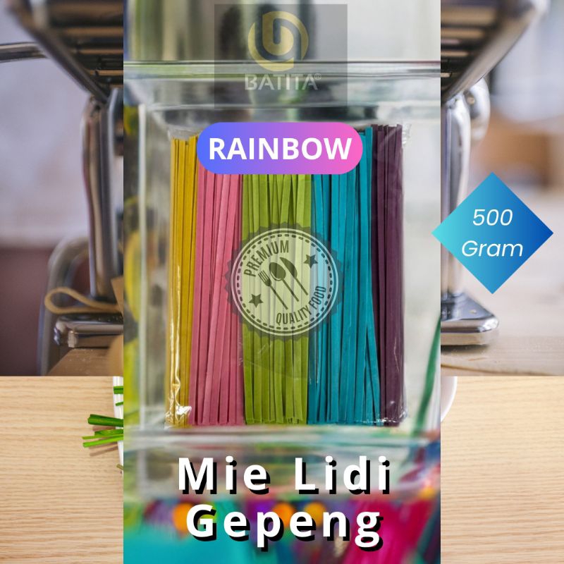 

Mie Lidi Gepeng Warna Warni Mentah 500 Gram Makanan Ringan Mie Rainbow