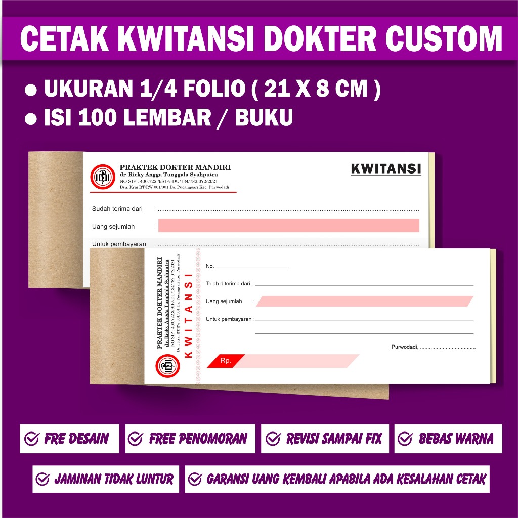 

Cetak kwitansi dr custom 1/4 folio ( 8 x 21 cm )