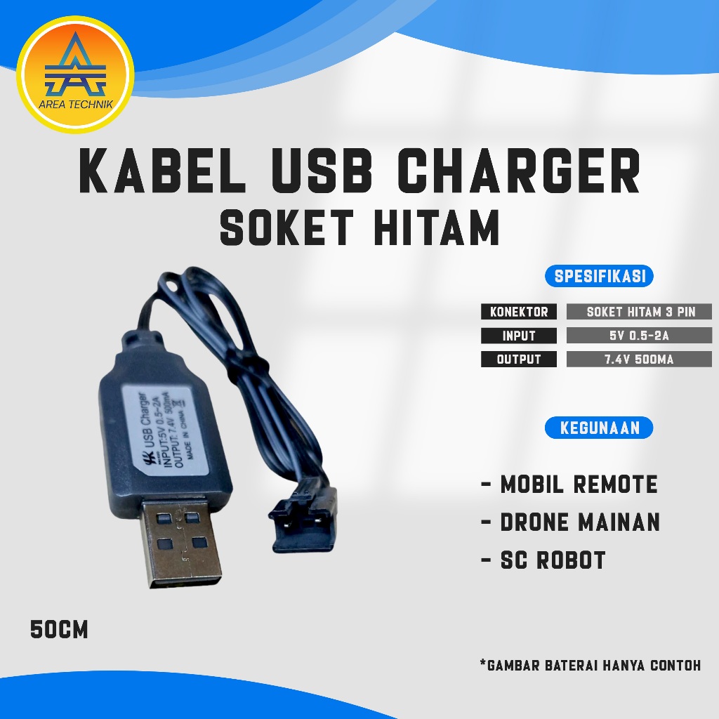 Kabel Cas Baterai Mobil RC Model USB Soket Hitam 3Pin Panjang Kabel 50cm
