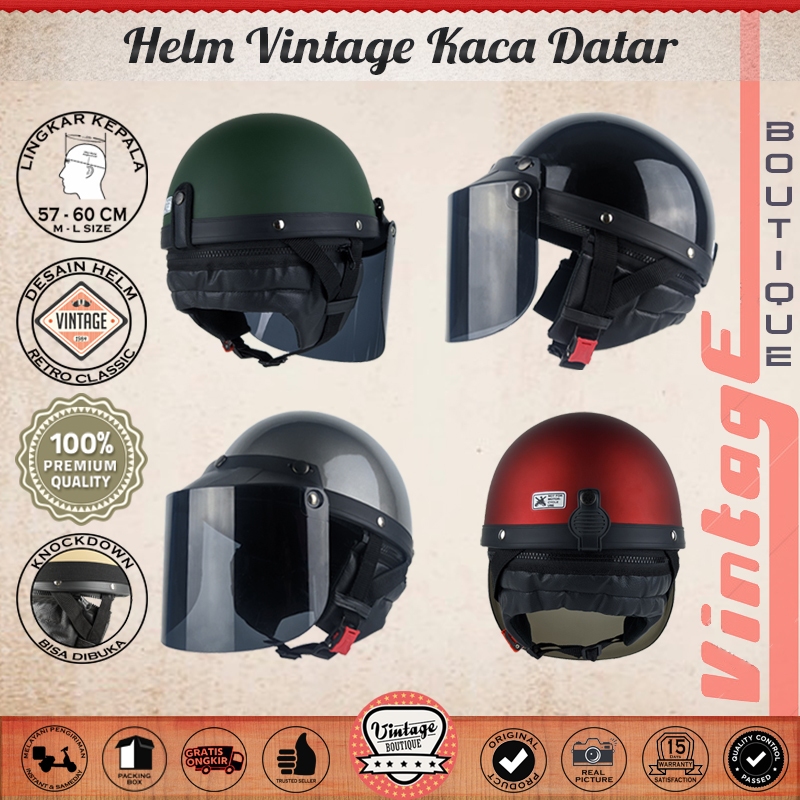 Helm Retro Chips Vintage Bogo Setengah Kepala Dewasa Free Aksesoris Helm Kaca Datar