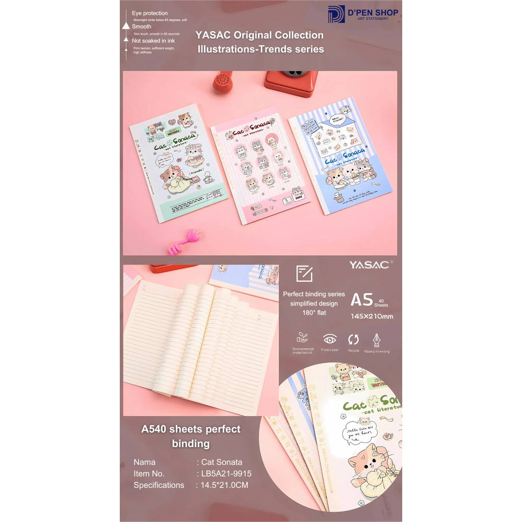 

Notebook A5 buku catatan 40 Lembar notepad Kertas Halus & Tidak Tembus ESAER Cat Sonata