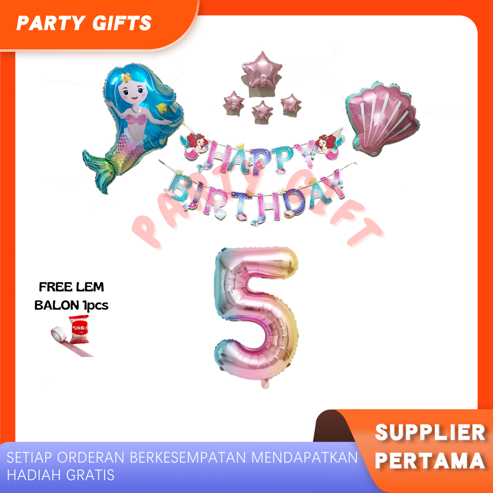 PARTYGIFT Balon Set Dekorasi Mermaid Angka Jumbo Balon Paket Dekorasi Pesta Ulang Tahun Anak
