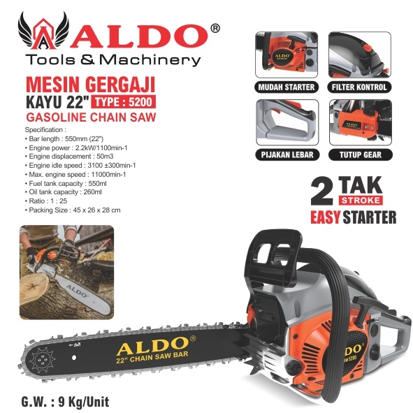 MESIN GERGAJI KAYU 22" 5200 / GASOLINE CHAIN SAW / CHAINSAW MACHINE / MESIN POTONG KAYU BENSIN PENEB