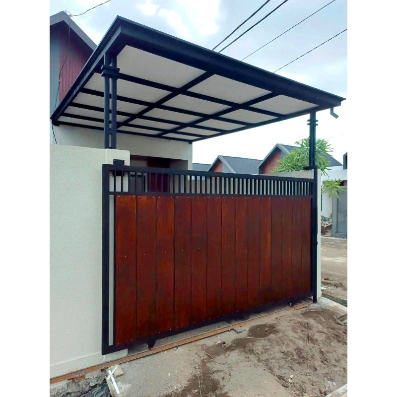 pintu pagar Wood plank + kanopi