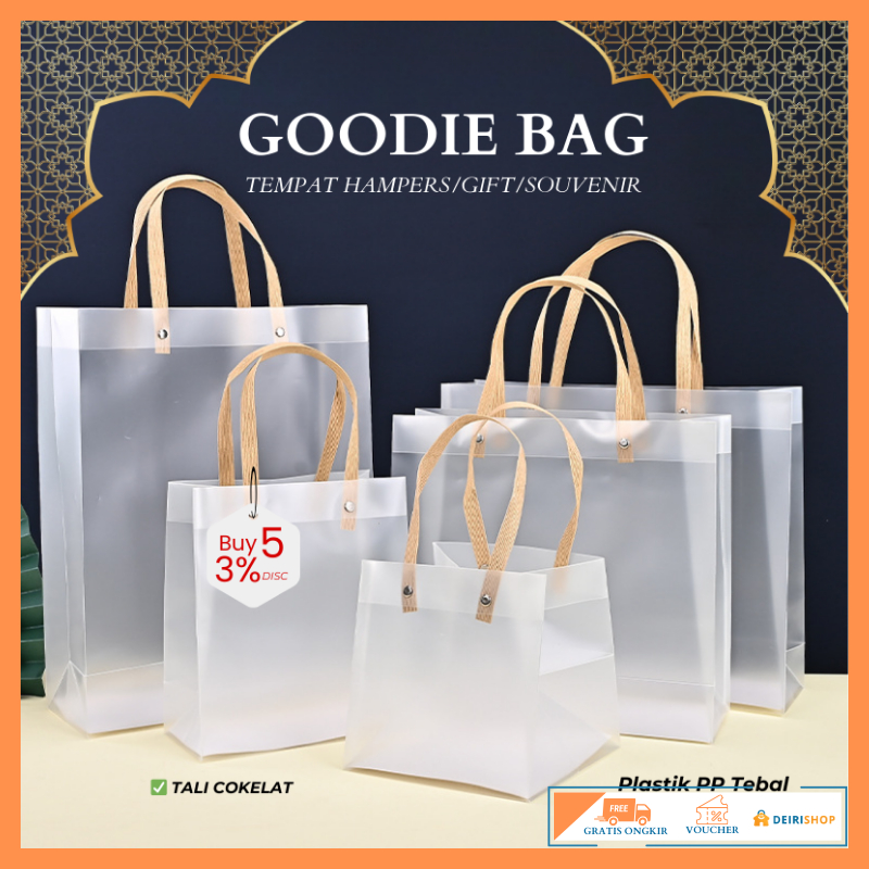 

Tas Hampers Mika PP Doff Polos Transparan Tali Coklat/ Plastik Bag Transparan Souvenir Ramadhan/ Christmas/ Goodie Bag Transparan Doff Serbaguna