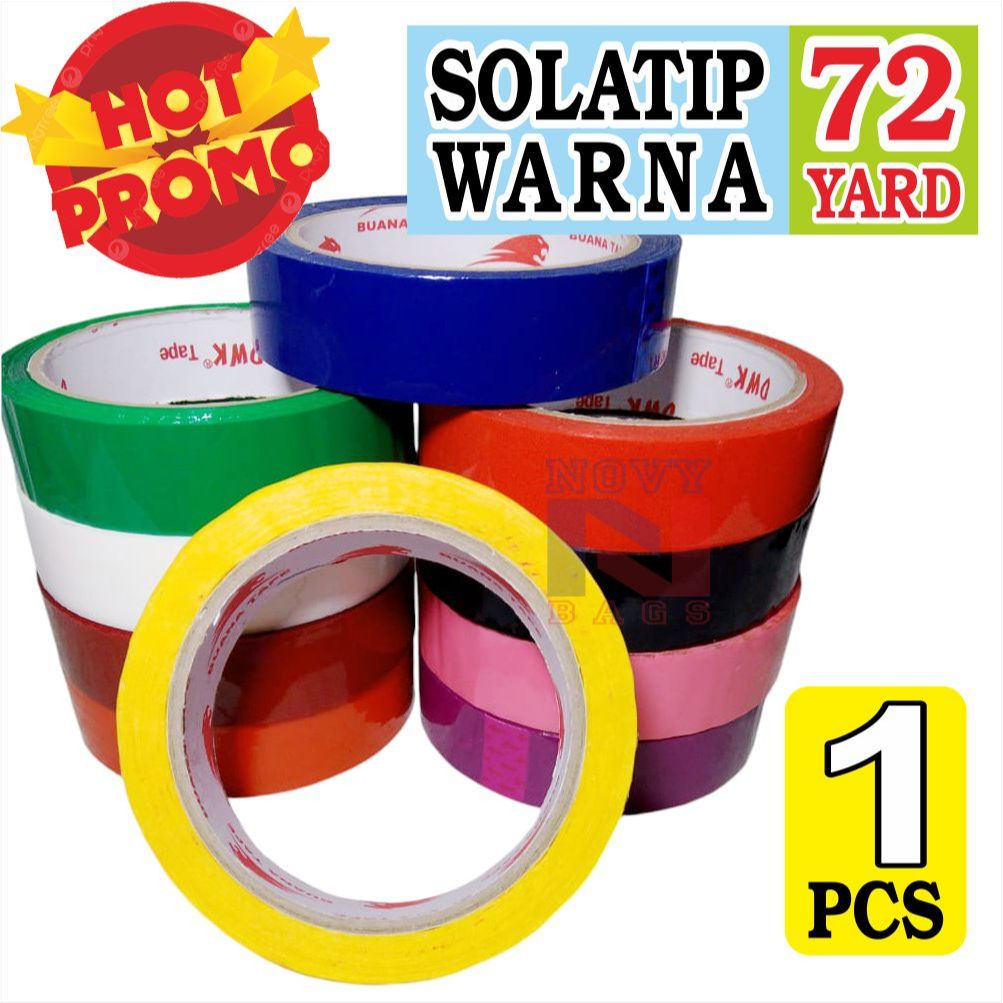 

LAKBAN WARNA 24mm X72 yard, SOLATIP WARNA KUNING,HIJAU,PUTIH,PINK,MERAH,HITAM,BIRU,Harga 1 pcs
