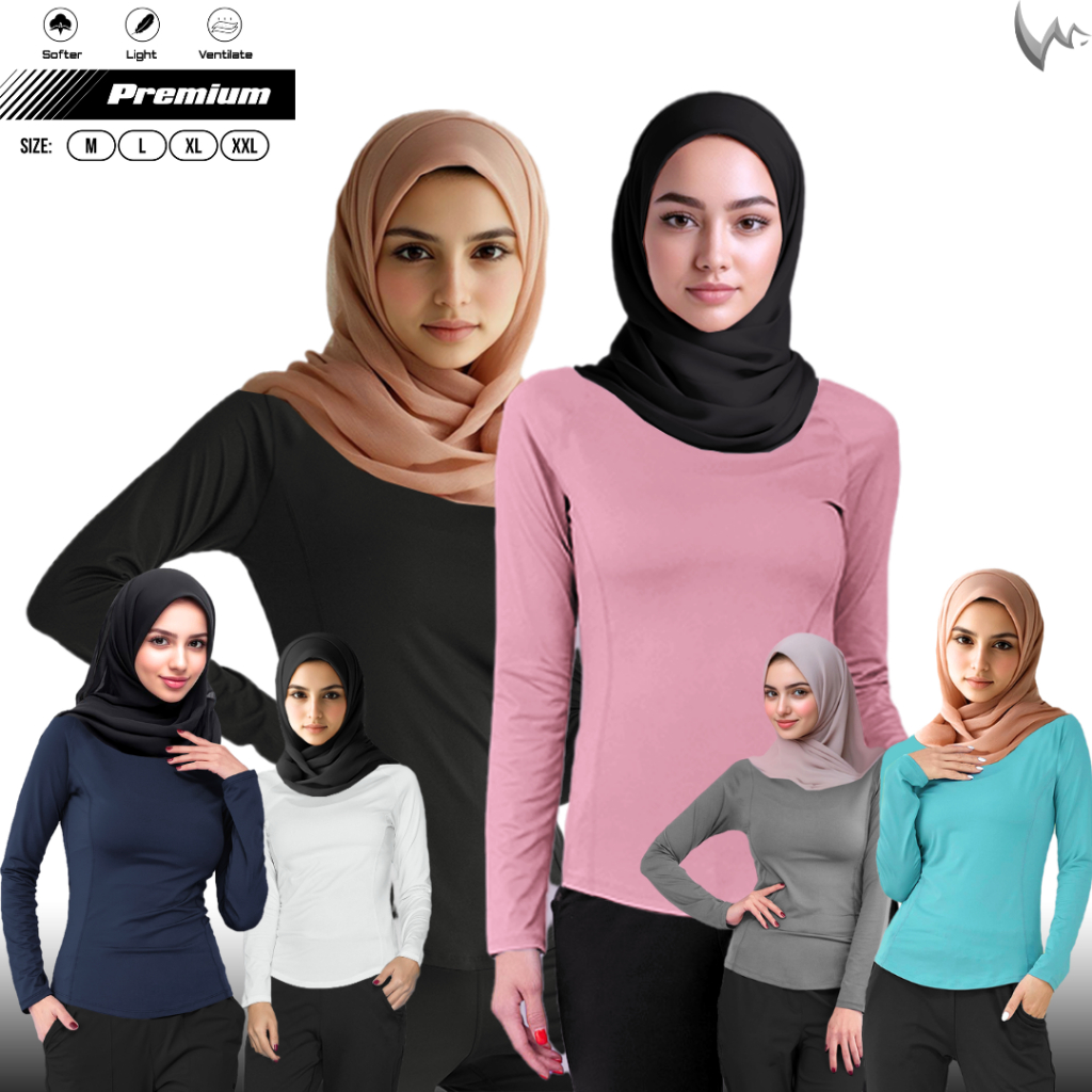 Winstorm MUSLIM Baju Olahraga Wanita Premium Lengan Panjang Kaos Badminton Muslimah Running Polos