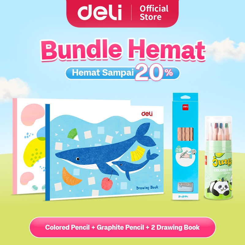 

DELI BUNDLE HEMAT 1 / 1 SET PENSIL WARNA 12 WARNA, 1 SET PENSIL SKETSA 2B, 2 BUKU MENGGAMBAR