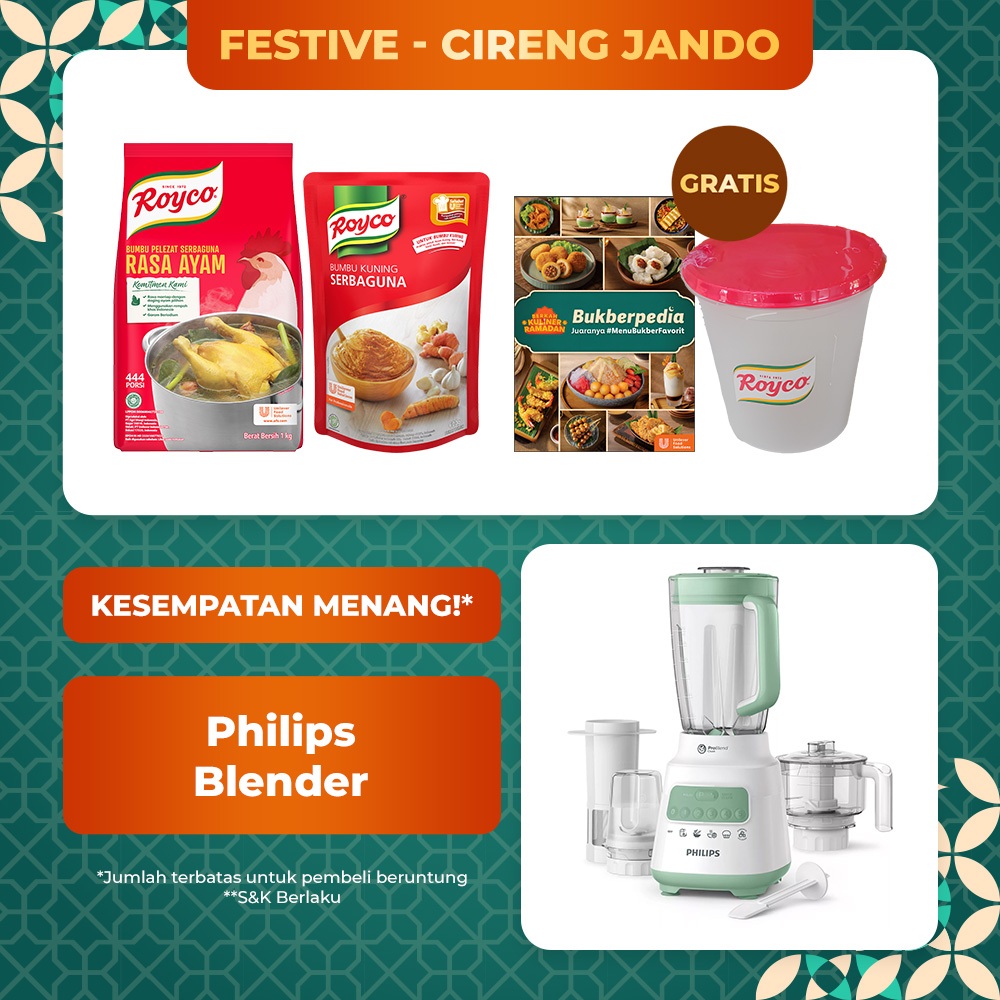 

Festive - Cireng Jando (Royco Ayam 1Kg + Royco Bumbu Kuning Serbaguna + Free Gift - Buku Resep Accordion Festive + Free Gift - Food Container Royco)