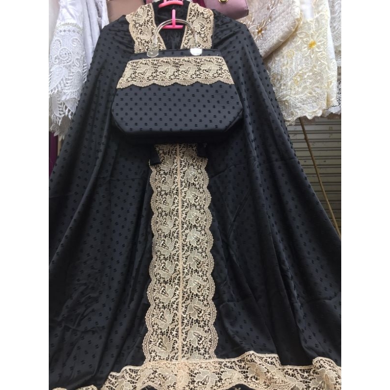 Mukena Hitam Silk Uragiri Mix Renda KD Dewasa