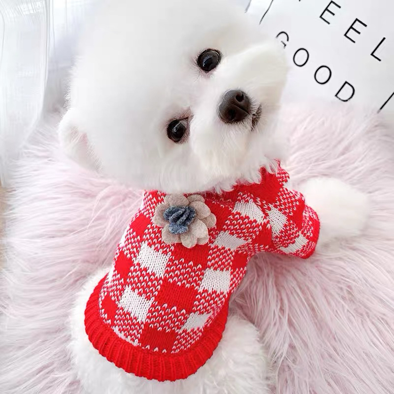 Sweater anjing rajut merah kotak dengan bunga premium import pawpawsome projects