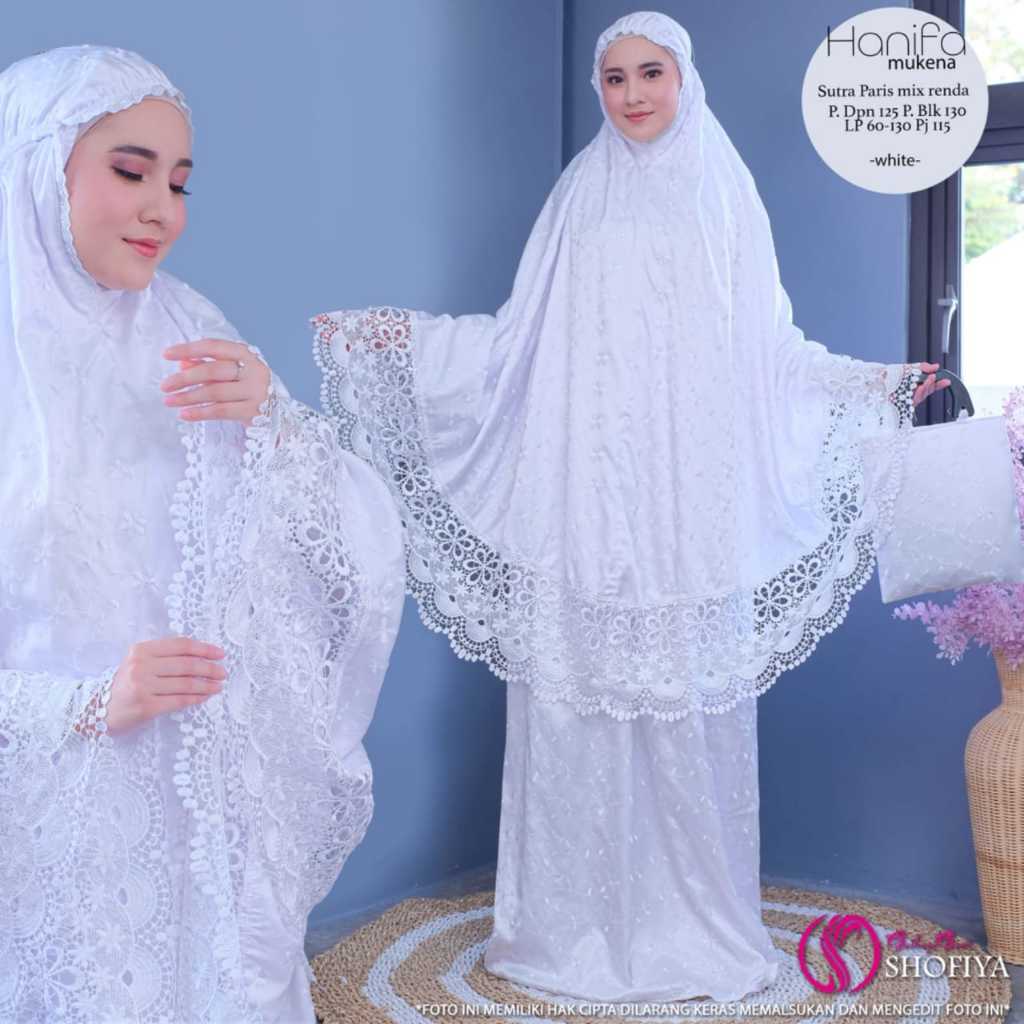 mukena hanifa rukoh wanita muslim dewasa sutra paris renda polos putih adem premium lebaran 2025