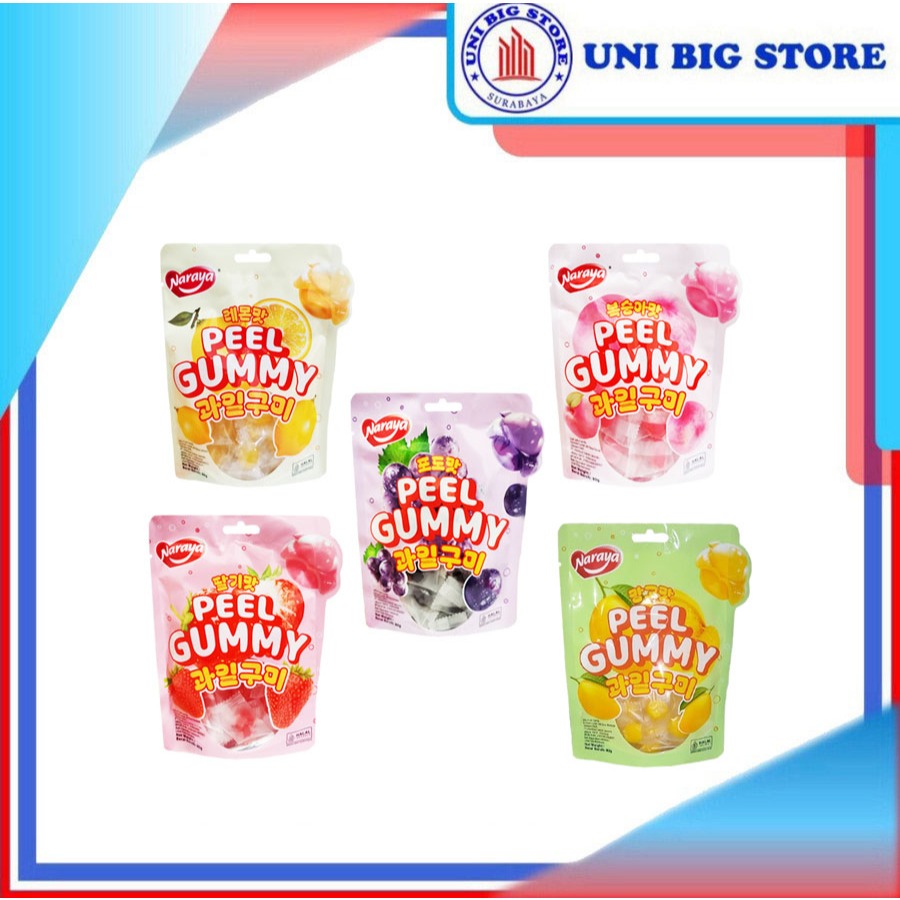 

Naraya Peel Gummy Mango | Grape | Lemon | Peach | Strawberry Jelly Fruit Candy ~ 80 gr Permen Lunak Jeli