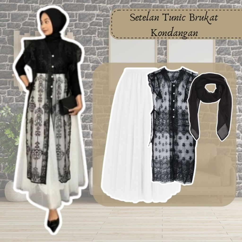 Set Outer Kondangan 3IN1 Tunic Brukat Sapto + Rok Tutu + Hijab Oneset Wanita Korean Look