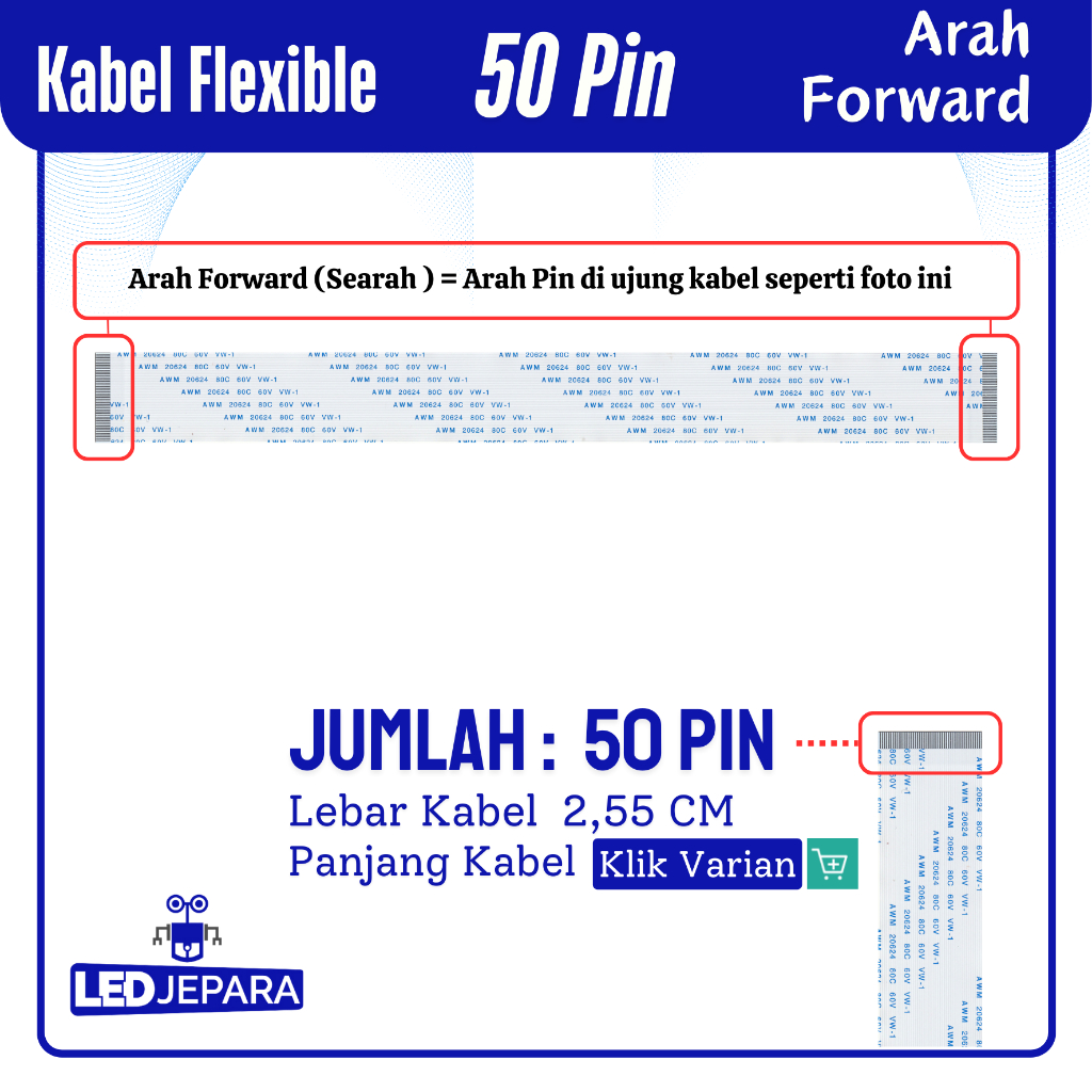 FFC Kabel Flexible 50 Pin Panjang 25 CM Lebar 2,55CM Satu Muka Forward