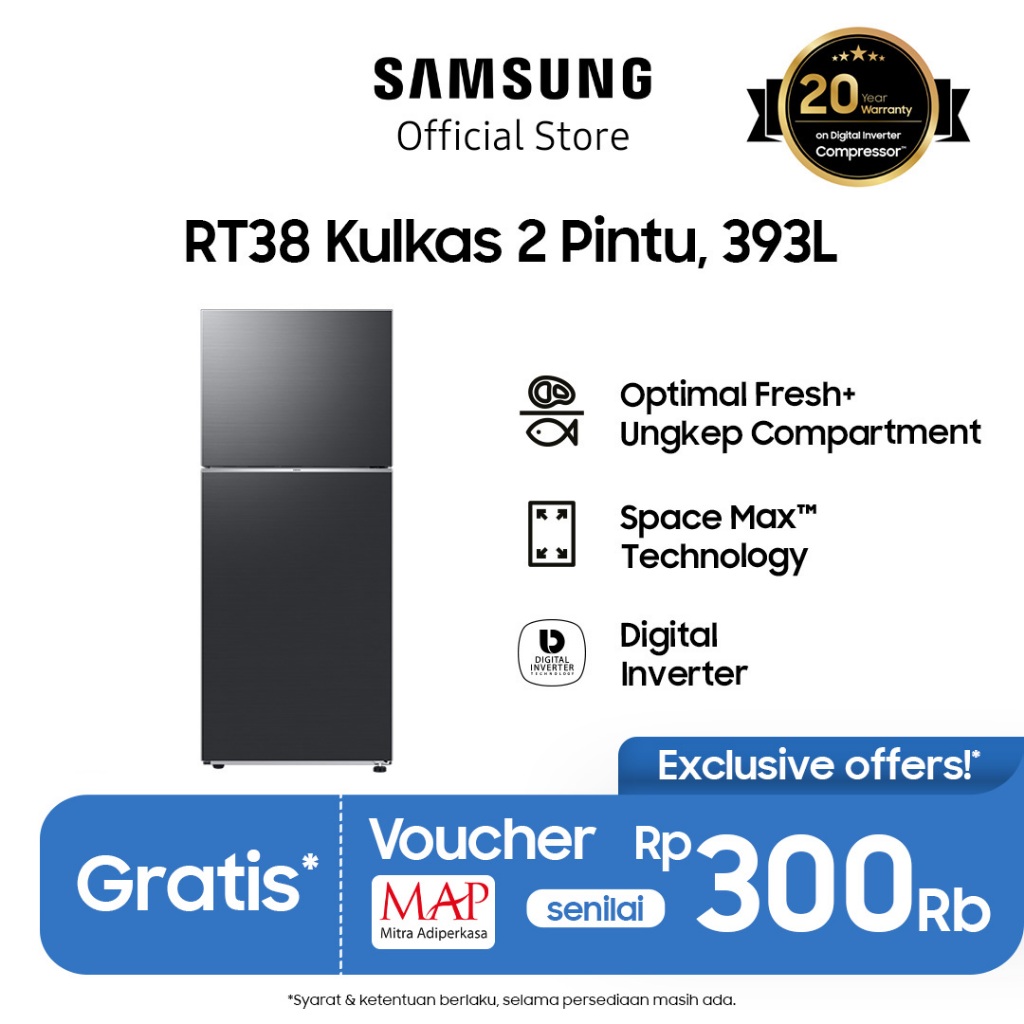 Samsung Kulkas 2 Pintu dengan Ungkep Compartment, Spacemax dan Digital Inverter 393L- RT38CG6420S9SE