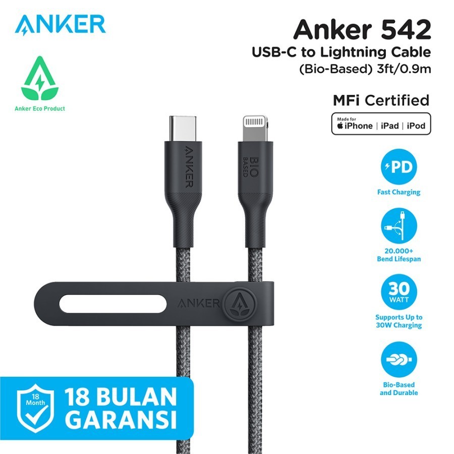 Anker 542 Kabel Charger USB Type C to Lightning MFI 3FT Nylon - A80B5 anker lightning cable