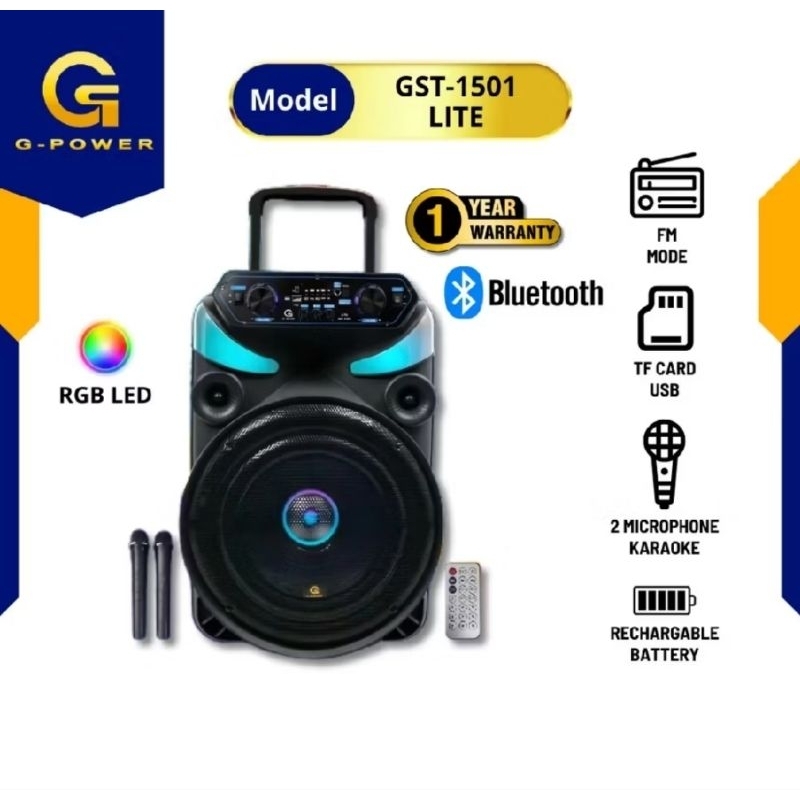 G-POWER Speaker Portable Bluetooth 15 inch GST-1501 Liter Gratis 2 Mic Wireless Untuk Karaoke / Spea