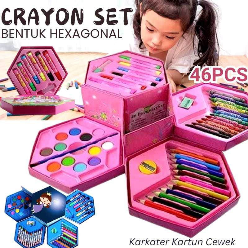 

Crayon Pensil Warna Art Set Karakter 46PCS Box Hexagonal Motif Cowok & Cewek Portable Pensil Warna Spidol Gambar Mewarnai