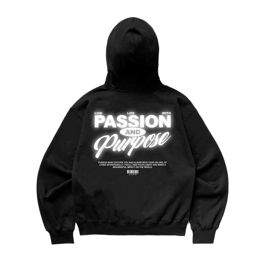 Zukimimo Sweater Hoodie Boxy Sablon Reflektif (me-nyala) Passion Purpose Hitam