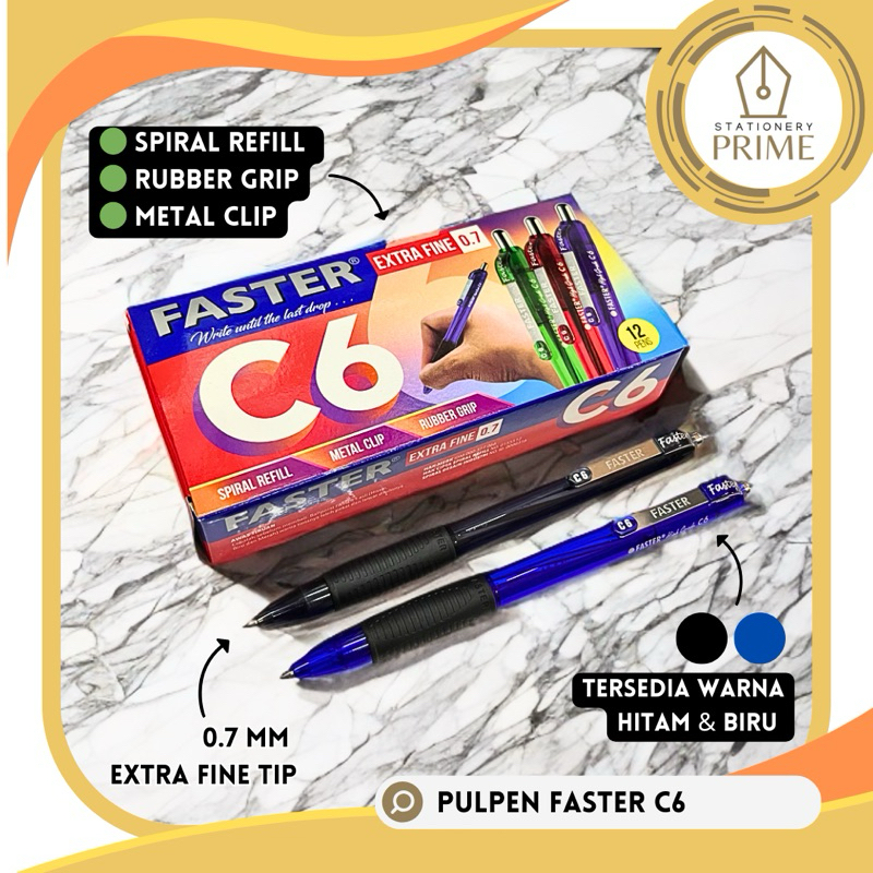 

Ballpoint Pulpen FASTER C6 0,7 mm Hitam Biru ( Isi 12 Pcs )
